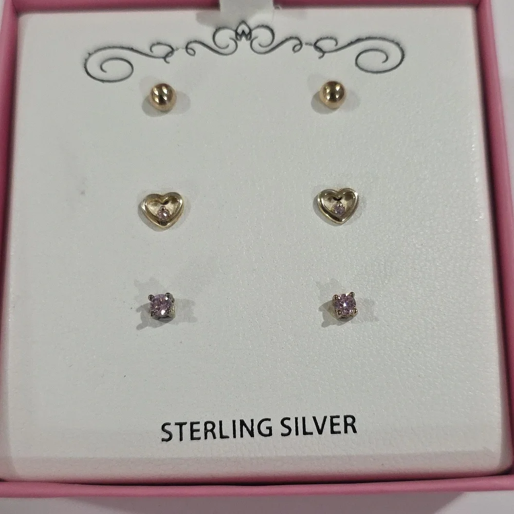 Trio: Gold Ball Studs, Heart-Shaped Pink Crystal Earrings, and Lavender Gemstone